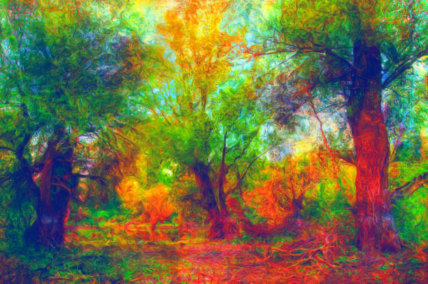 Landscape painting showing forest on a beautiful day.