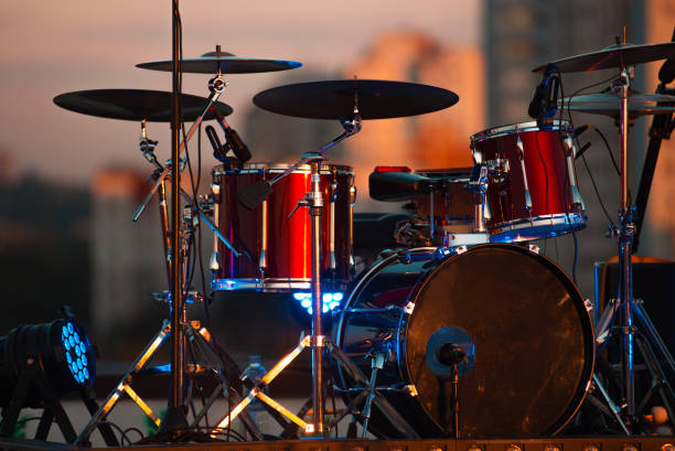 istock A photo of a red drum kit on stage 1273843079