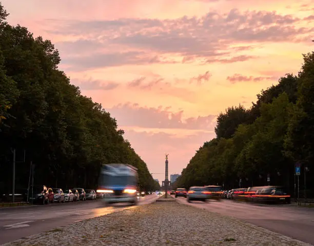 Street, Tiergarten, Park, motion blur, cars, Berlin, Victory Column, background, sunset, Germany, Siegessäule