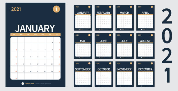 vector Calendar 2021 new year planner set 12 month in clean minimal table simple design style and navy blue color,vertical holiday event template calender,Week Starts Sunday vector Calendar 2021 new year planner set 12 month in clean minimal table simple design style and navy blue color,vertical holiday event template calender,Week Starts Sunday 2021 stock illustrations