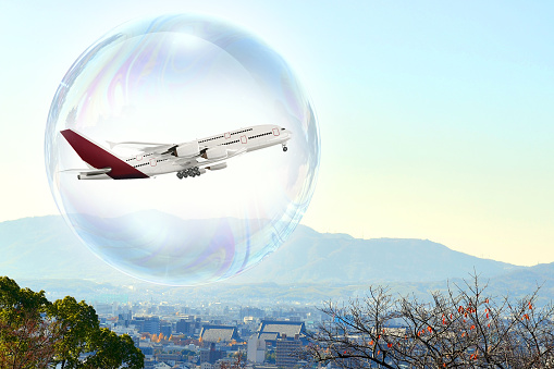 Travel bubble, Concept image for transportation during covid-19 pandemic, Airplane fly in safe rout , Global principle to reopen country for oversea trip, 3D illustration