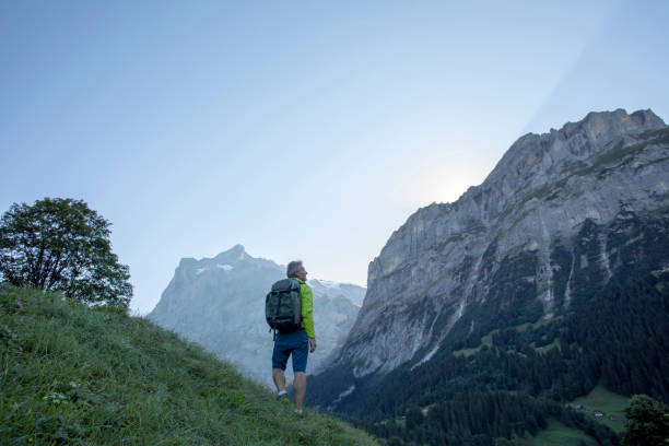 istock Man hikes along grassy meadow at sunrise 1273844650