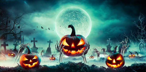 Jack O’ Lantern On Skeleton Arms In Graveyard At Night - Halloween With Full Moon - Contain 3d Illustration Pumpkins Spooky Cemetery At Night - Halloween Concept animal arm photos stock pictures, royalty-free photos & images