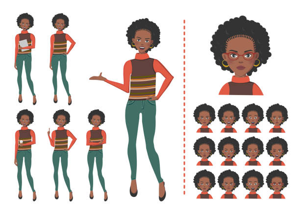 ilustraciones, imágenes clip art, dibujos animados e iconos de stock de joven africana con pelo moreno en suéter y jeans. diferentes gestos ilustración vectorial aislada con doce expresiones faciales. - dorothy