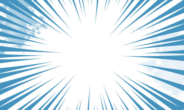 Comic book abstract template with rays and halftone. Humor effects on radial background. Illustration in magazine style, trendy colors. Copyspace for advertising or design. Dotted, geometric blue.