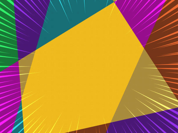 Comic book abstract template with rays and halftone. Humor effects on radial background. Illustration in magazine style, trendy colors. Copyspace for advertising or design. Dotted, geometric multicolored.