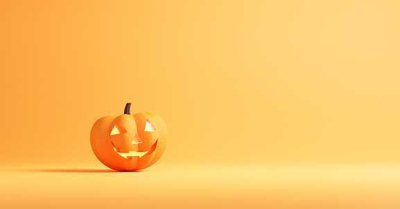 Halloween concept, Pumpkin on orange colors background, minimal style, 3d render