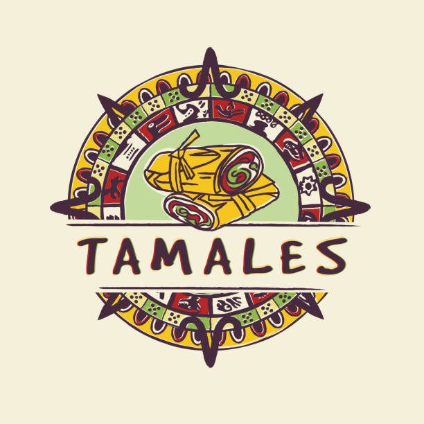 Tamales illustration in the Maya calendar frame. Round sticker or emblem for traditional Mexican food Tamales illustration in the Maya calendar frame tamales stock illustrations