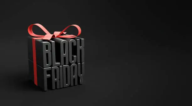 Black friday in gift box wrapped with red ribbon on black background, idea and creative, copy space. 3d render.