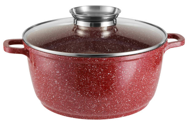 istock one red enamel pot, with a glass lid, on a white background 1273849366