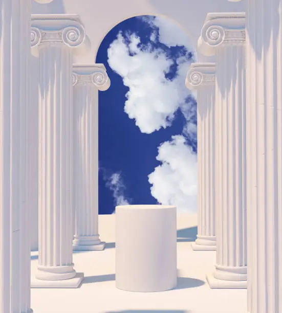 Photo of Product setting podium Colonnade ancient Greek columns white antique background, object placement, 3d rendering,