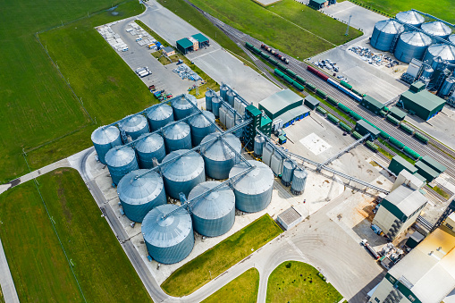 Aerial view on the modern bio gas station or factory. Bio gas plant. Sustainable production. Ecological production.