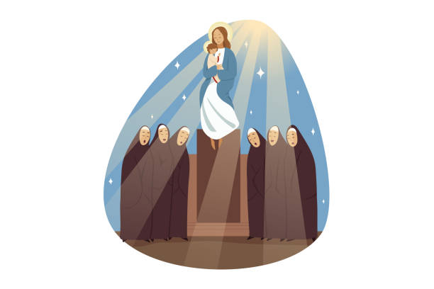 Saturday of akathist, religion, bible, christianity concept Saturday of akathist, religion, bible, christianity concept. Choir of women nuns sisters singing songs glorifying Virgin Mary Jesus Christ son of God biblical religious characters. Catholic holiday. nun catholicism sister praying stock illustrations