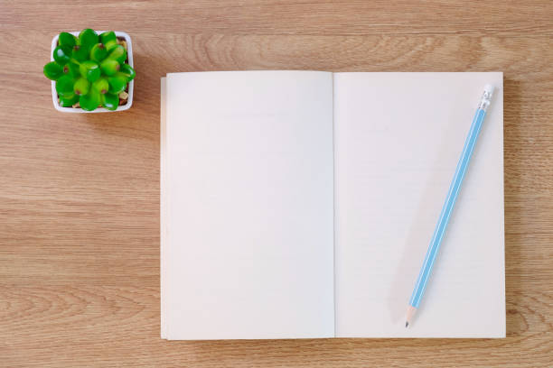 istock Notebook, pencil and plastic cactus on wooden table background at coffee shop. 1273852732