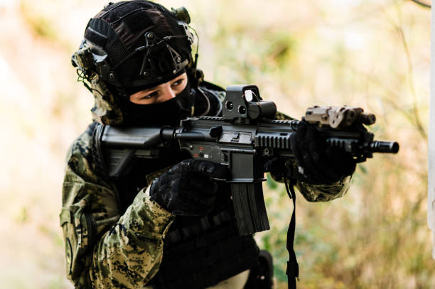 istock Soldier in Cropat uniform with black belt and plate carrier 1273854094