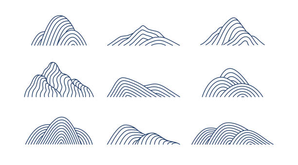 흰색 배경에 격리 된 산 모양 아이콘의 컬렉션입니다. - european alps mountain mountain peak rock stock illustrations