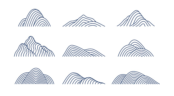 Collection of mountain shapes icons isolated on white background. Line art design. Vector flat illustration.