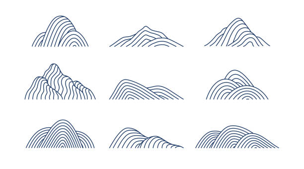Collection of mountain shapes icons isolated on white background. Collection of mountain shapes icons isolated on white background. Line art design. Vector flat illustration. geology stock illustrations