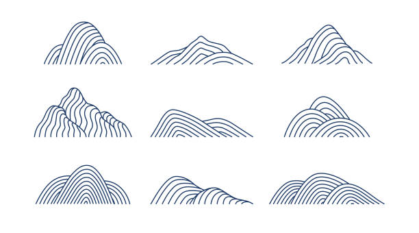 Collection of mountain shapes icons isolated on white background. Collection of mountain shapes icons isolated on white background. Line art design. Vector flat illustration. hill stock illustrations