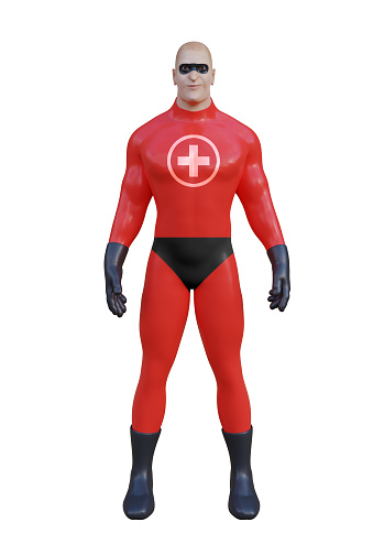 Doctor wearing superhero mask and red costume. Protection concept against viruses and diseases and superhero power for medicine. 3D rendering