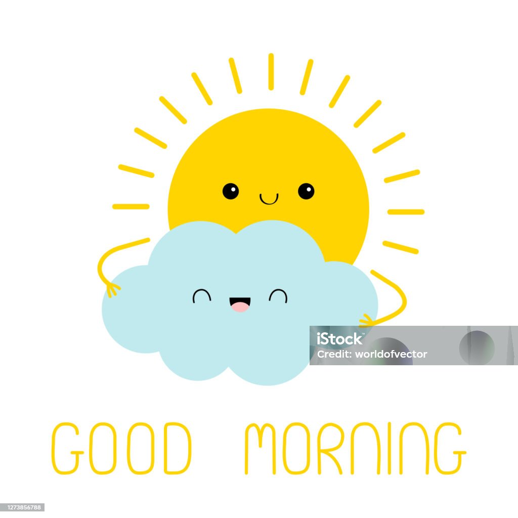 Sun And Cloud Friend Icon Good Morning Cute Kawaii Face Cartoon Funny  Smiling Character Hello Summer Sunshine Yellow Color Baby Collection Flat  Design White Sky Background Isolated Stock Illustration - Download Image