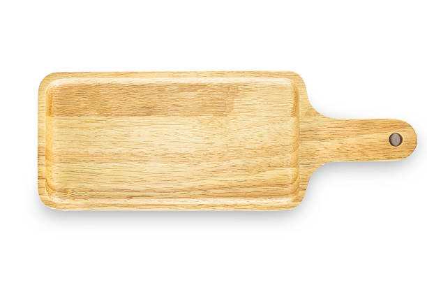 istock Handmade empty wooden cutting board on white isolated background with clipping path in top view flat lay with studio shot. Wood cutting board for cut or sliced bread. Kitchenware concept. 1273858097
