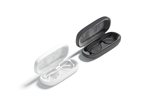 Blank black and white opened case with glasses mockup, isolated, 3d rendering. Empty protect eye-glass container mock up, front view. Clear leather and velvet spectacle-case template.