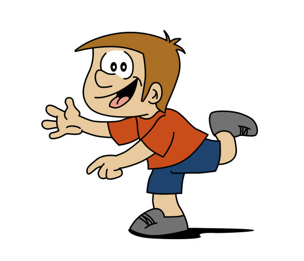 Isolated cute smiling boy pointing with his finger and standing on one leg. Cartoon style illustration. Isolated cute smiling boy pointing with his finger and standing on one leg. Cartoon style vector illustration. standing on one leg not exercising stock illustrations