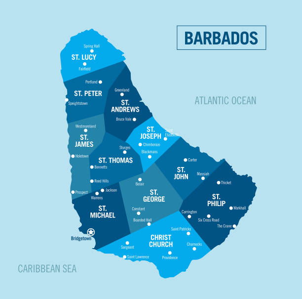 illustrations, cliparts, dessins animés et icônes de carte politique d’île de pays de la barbade avec des provinces, des départements et des villes isolés, facile à dégrouper. illustration vectorielle détaillée. - barbados