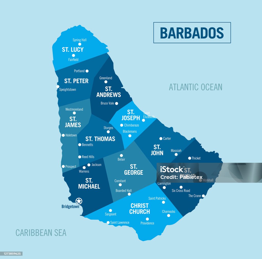 Barbados land ö politisk karta med isolerade provinser, avdelningar och städer, lätt att dela upp. Detaljerad vektorillustration. - Royaltyfri Barbados vektorgrafik