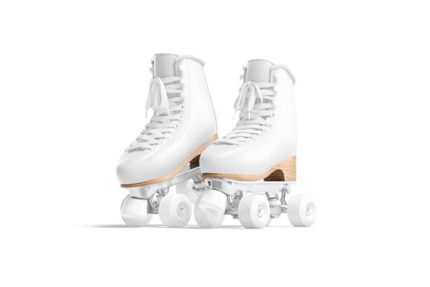 blank white roller skates with wheels mockup pair on tiptoe - roller skate imagens e fotografias de stock