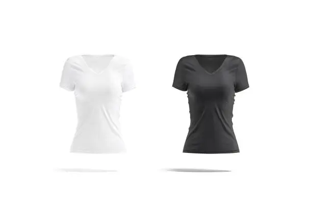 Blank black and white women slim-fit t-shirt mockup, isolated, 3d rendering. Empty undervest casual tee-shirt mock up, front view. Clear female cotton tshirt with neckline and sleeve template.