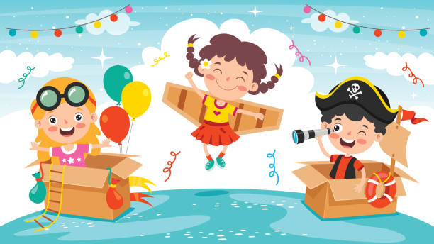 glückliche kinder spielen mit papp-kostüme - role play stock-grafiken, -clipart, -cartoons und -symbole