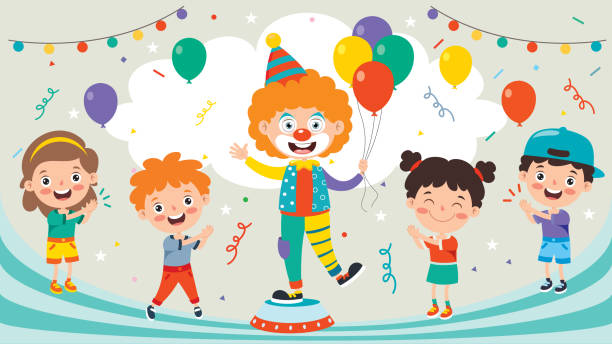 ilustrações de stock, clip art, desenhos animados e ícones de funny clown and happy children playing - entertainment clown child circus