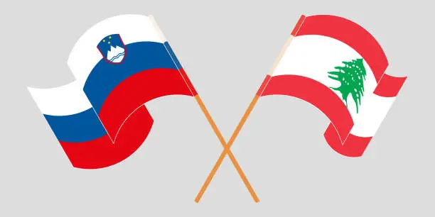 Vector illustration of Crossed and waving flags of Lebanon and Slovenia