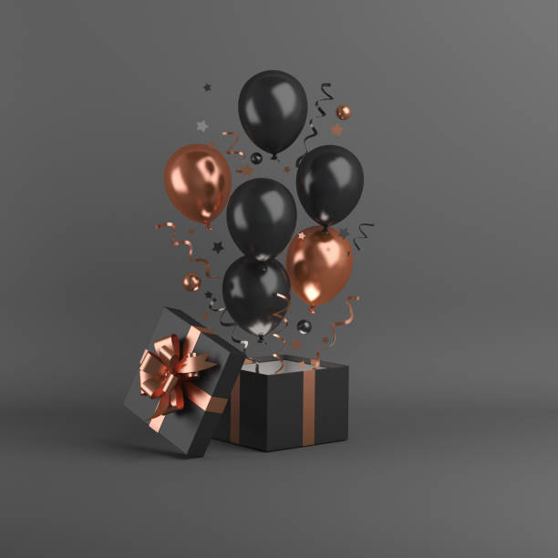 istock Black Friday sale background decoration with flying balloon, gift box, confetti, copy space text, banner, template, 3D rendering illustration. 1273863785