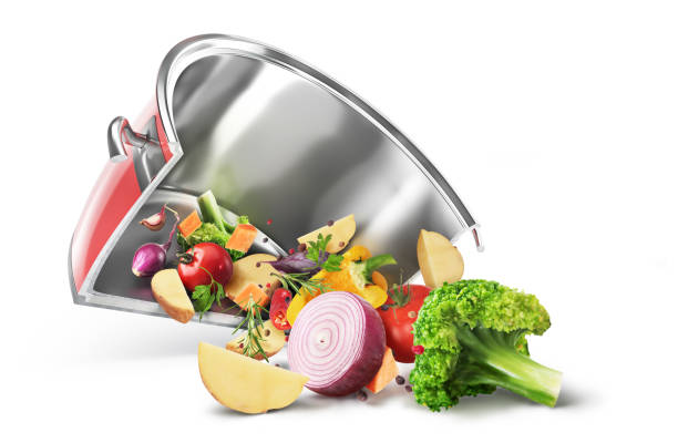 istock Cooking concept. Vegetables falling from cut saucepan. 3d illustration 1273864428