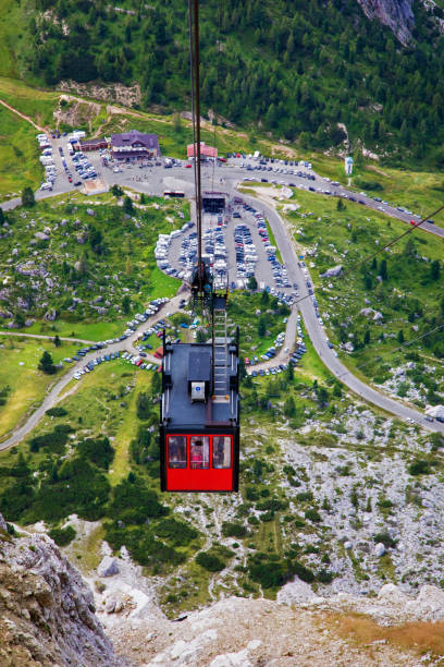 Cableway seen from above while moving toward the top of Lagazuoi mountain. Italy