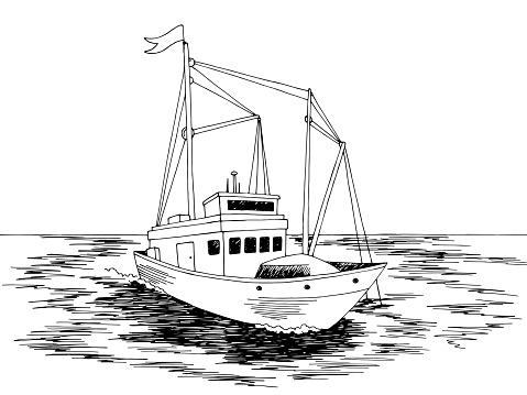 Fishing ship graphic black white sea sketch illustration vector
