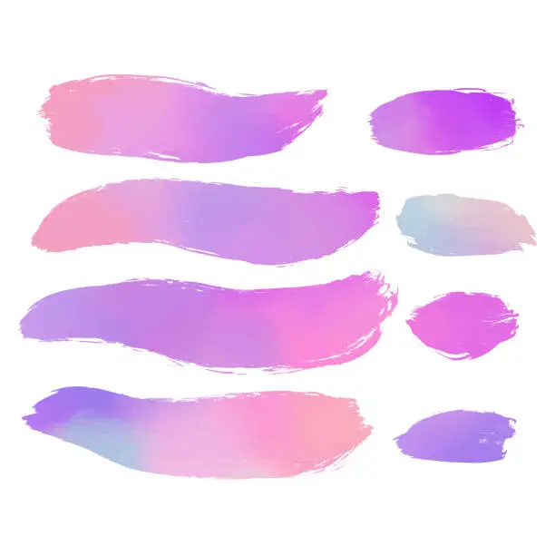 Vector illustration of Multi Colored Brush Strokes Clip Art Collection. Set of Pastel Colored Paint Blots Isolated and Grouped Separately. Pink Ink Patches Set.Design Element for Greeting Cards and Labels, Abstract Background.