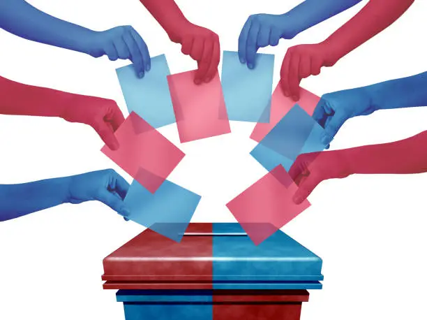 Election day vote and voting concept casting red and blue ballots at a polling station as a democratic right in a democracy as diverse hands holding votes with 3D illustration elements.