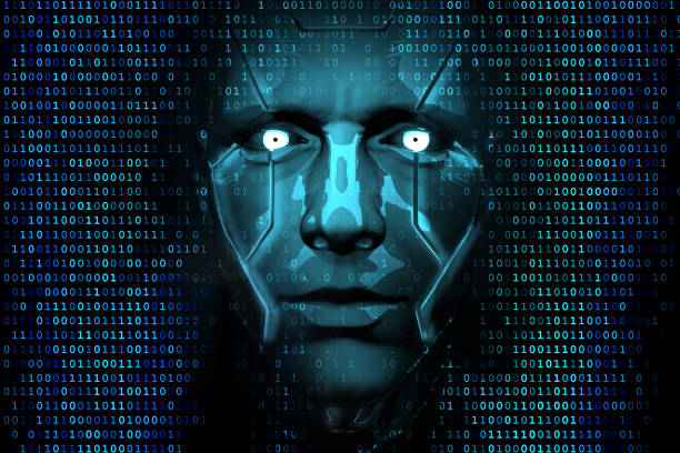 Hacker Robot Artificial Intelligence is hacking datas in the near future. evil stock pictures, royalty-free photos & images