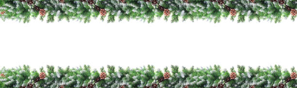 marco de navidad con ramas cubiertas de nieve de abetos-pino, con conos, aislado sobre fondo blanco. concepto de navidad y año nuevo. copiar espacio - garland fotografías e imágenes de stock