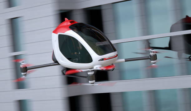 istock Electric Passenger Drone flying in front of buildings 1273873578