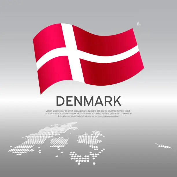 Vector illustration of Denmark wavy flag and mosaic map on light background. Creative background for denmark national poster. Vector design. Business booklet. State danish patriotic banner, flyer