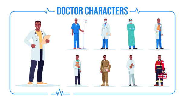 Afro american doctor semi flat RGB color vector illustration set Afro american doctor semi flat RGB color vector illustration set. Pediatrician. Baby doctor. Male nurse. Paramedic. Ambulance staff. Isolated cartoon one character on white background pack african american scientist stock illustrations