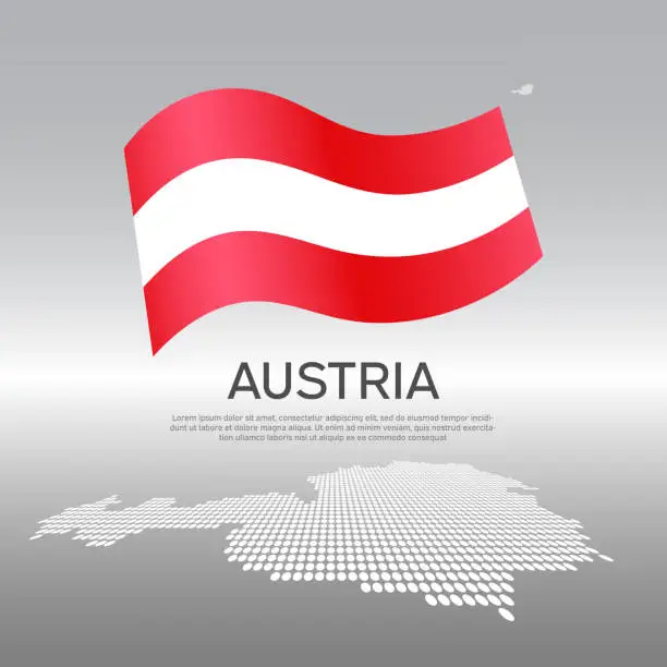 Vector illustration of Austria wavy flag and mosaic map on light background. Creative background for the national austrian poster. Vector design. Business booklet. Austrian state patriotic banner, flyer