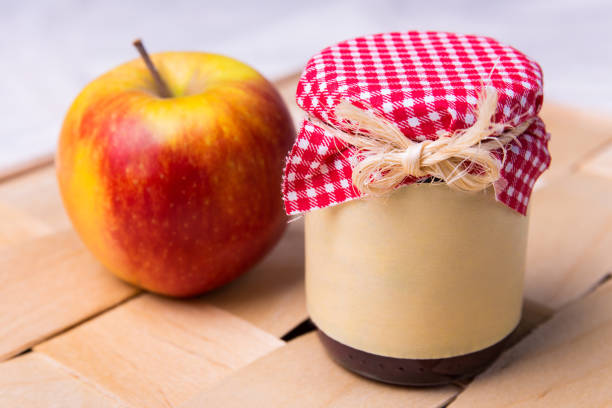 close up of glass jar of  apple jam