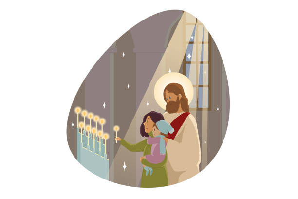 Candlemas, religion, character, bible concept Candlemas, religion, character, bible concept. Jesus Christ son of god Messiah prophet stands with young mother and child baby holding consecrated sanctified candles praying. Catholic orthodox holiday candlemas stock illustrations