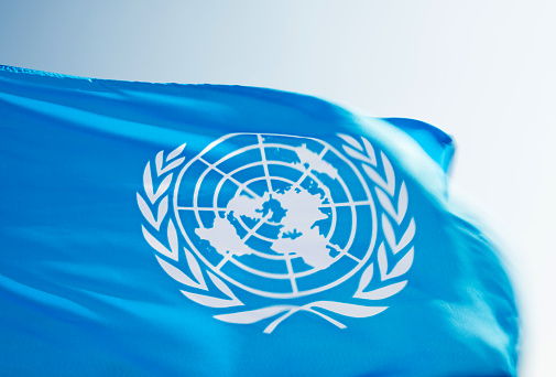 United Nations flag waving in the wind